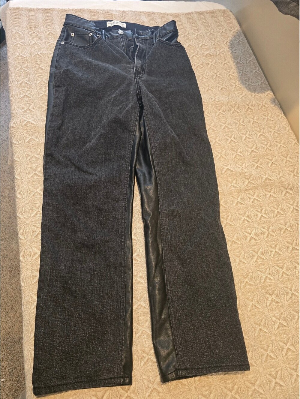 Abercrombie & Fitch Ultra High Rise Black Leather and Denim Pants Size 27